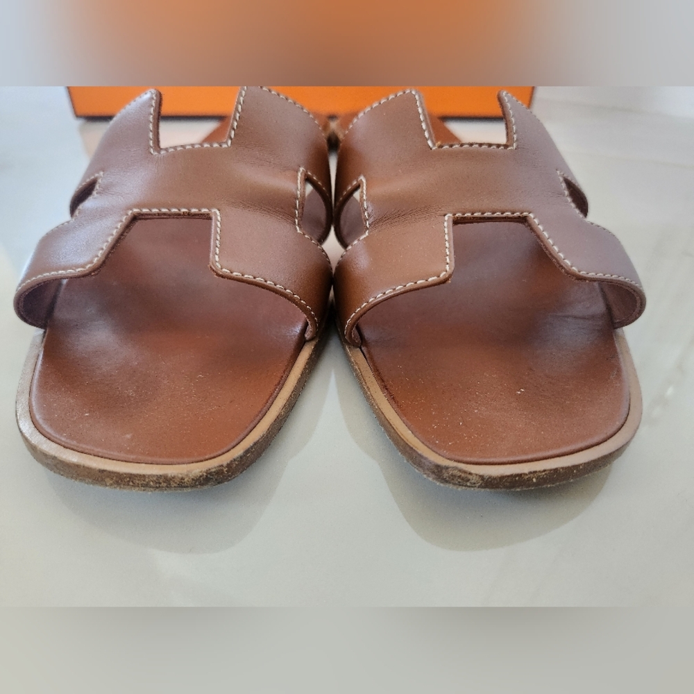 Brown Olympe Leather Slide Sandals - Picture 3 of 14
